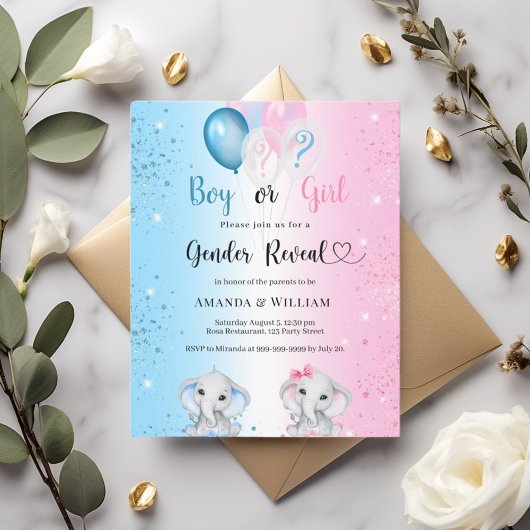 Gender reveal blue pink elephants invitation