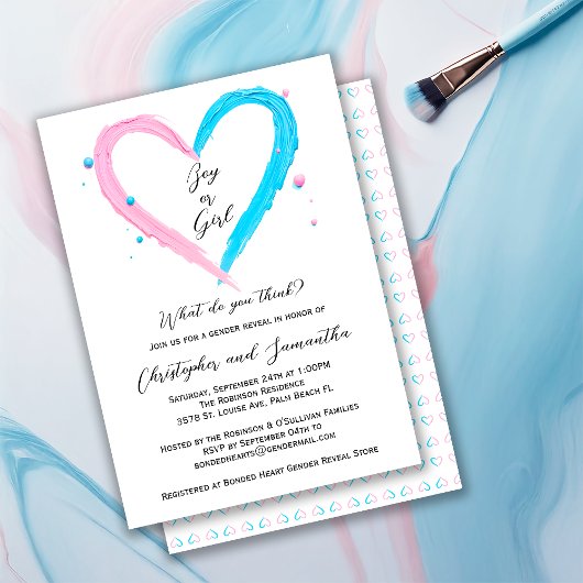 Gender Reveal Blue Pink Heart Baby shower Kaart