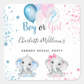 Gender reveal boy girl blue pink glitter elephants vierkante sticker (Voorkant)