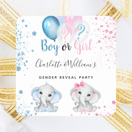 Gender reveal boy girl blue pink glitter elephants vierkante sticker