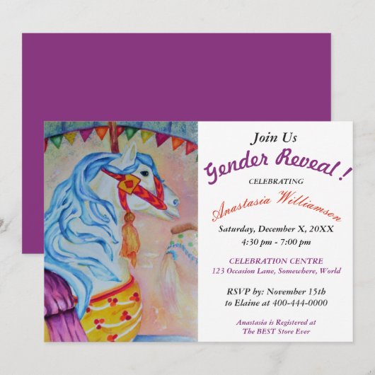 GENDER REVEAL COLORFUL CAROUSEL HORSE ARTIJ INVITE KAART (Voorkant / Achterkant)