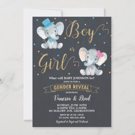 Gender Reveal Elephant Baby Gender Reveal Party Kaart (Voorkant)