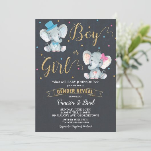 Gender Reveal Elephant Baby Gender Reveal Party Kaart (Staand voorkant)