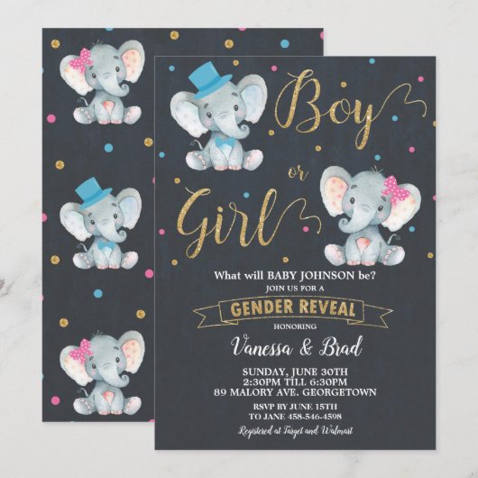 Gender Reveal Elephant Baby Gender Reveal Party Kaart (Voorkant / Achterkant)
