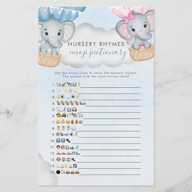 Gender Reveal Elephant Balloon Baby shower Bingo (Voorkant)