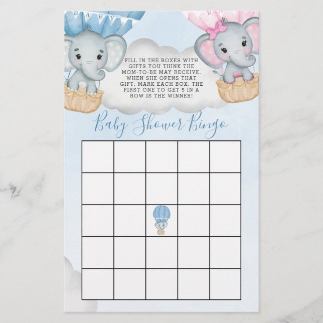 Gender Reveal Elephant Balloon Baby shower Bingo (Voorkant)