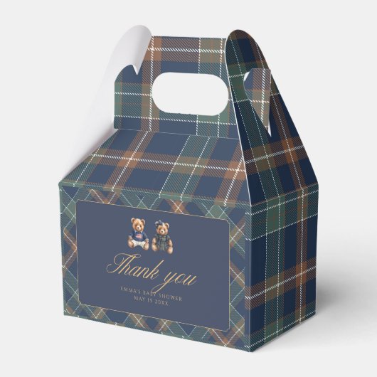 Gender Reveal Favor Boxes Navy Plaid Teddy Bear Bedankdoosjes (Voorkant Zijde)