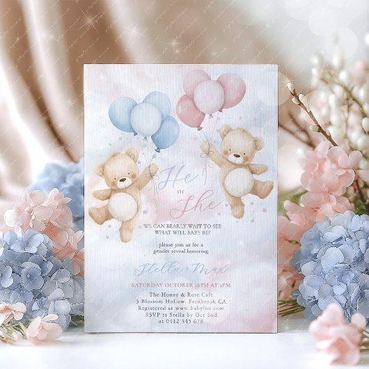 Gender Reveal He or She Bear Balloon Invitation Kaart
