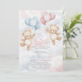 Gender Reveal He or She Bear Balloon Invitation Kaart (Staand voorkant)