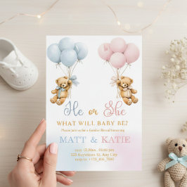 Gender Reveal "He or She Bear Balloons Blue Pink  Kaart