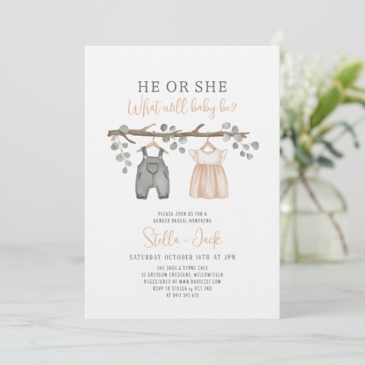 Gender Reveal He or She Clothesline Kaart (Staand voorkant)