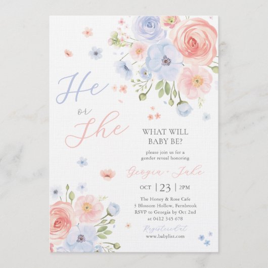 Gender Reveal He or She Pink Blue Invitation Kaart (Voorkant)