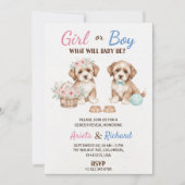 Gender reveal invitation featuring two puppies kaart (Voorkant)