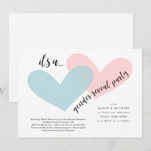 Gender Reveal Invitation | Roze en blauwe harten Kaart (Voorkant / Achterkant)