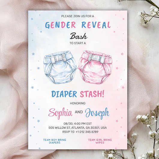 Gender reveal invitation with "Bash" and "Diaper  Kaart