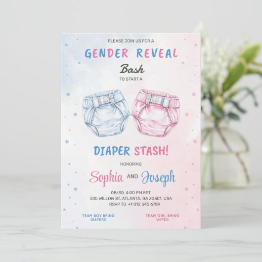Gender reveal invitation with "Bash" and "Diaper Kaart (Staand voorkant)