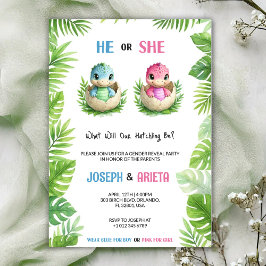 Gender reveal invitation with cartoon dinosaur egg kaart