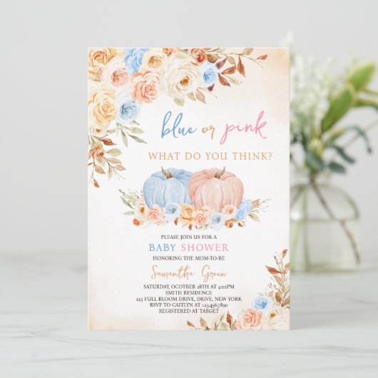 Gender Reveal Little Pumpkin Baby shower Kaart (Staand voorkant)