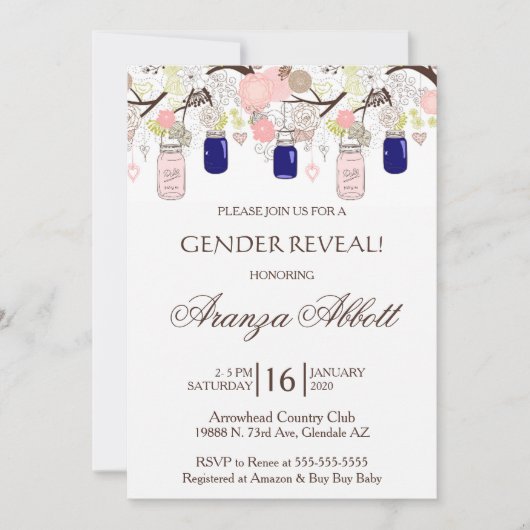 Gender Reveal Mason Jars Baby shower Uitnodigen Kaart (Voorkant)