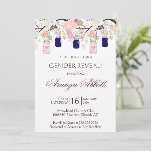 Gender Reveal Mason Jars Baby shower Uitnodigen Kaart (Staand voorkant)