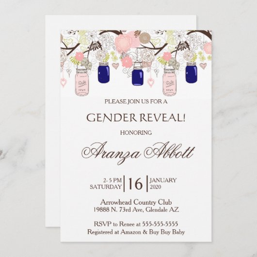 Gender Reveal Mason Jars Baby shower Uitnodigen Kaart (Voorkant / Achterkant)