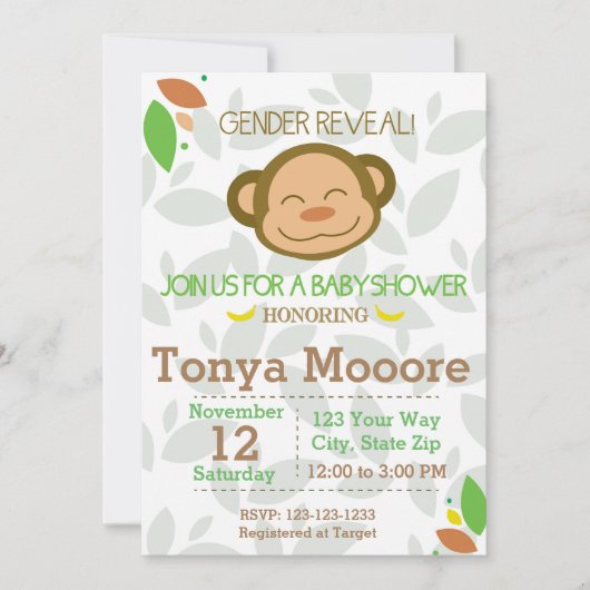 Gender Reveal Monkey Baby shower Invitation Kaart (Voorkant)