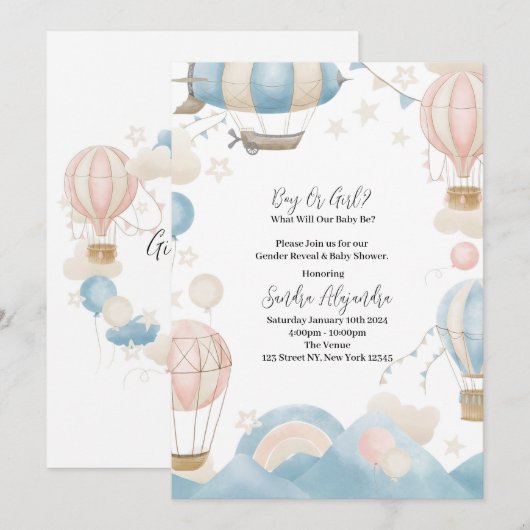 Gender Reveal of Baby shower Luchtballonnen nodige Kaart (Voorkant / Achterkant)