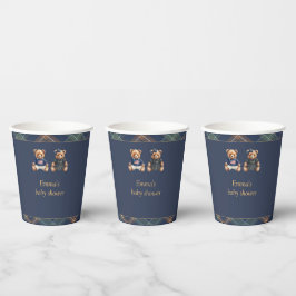 Gender Reveal Paper Cups Navy Plaid Teddy Bear Papieren Bekers