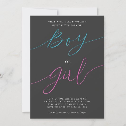 Gender Reveal Party Boy of Girl Modern Script Grij Kaart (Voorkant)