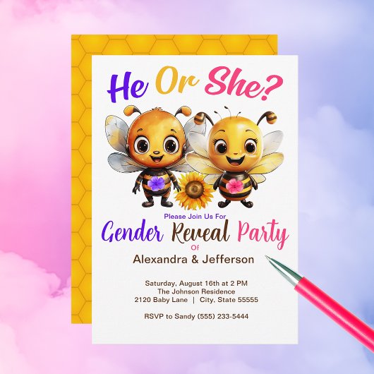 Gender Reveal Party Hij of Zij Baby Bee Shower Kaart