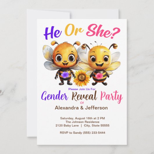 Gender Reveal Party Hij of Zij Baby Bee Shower Kaart (Voorkant)
