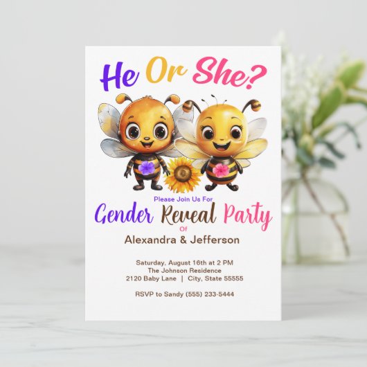 Gender Reveal Party Hij of Zij Baby Bee Shower Kaart (Staand voorkant)