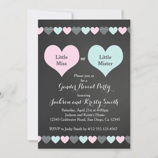 Gender Reveal Party Invitation Hearts Kaart (Voorkant)