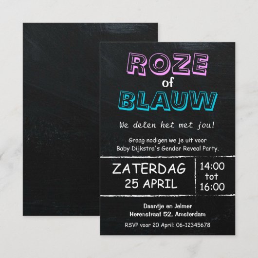Gender Reveal Party | Roze of Blauw | uitnodiging (Voorkant / Achterkant)