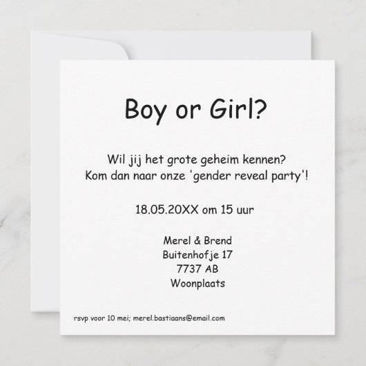 Gender Reveal Party uitnodiging (Achterkant)