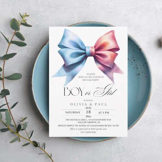 Gender Reveal Pink Blue Bow Baby shower Party Kaart