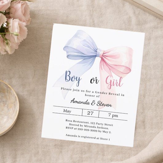 Gender reveal pink blue bow boy girl invitation