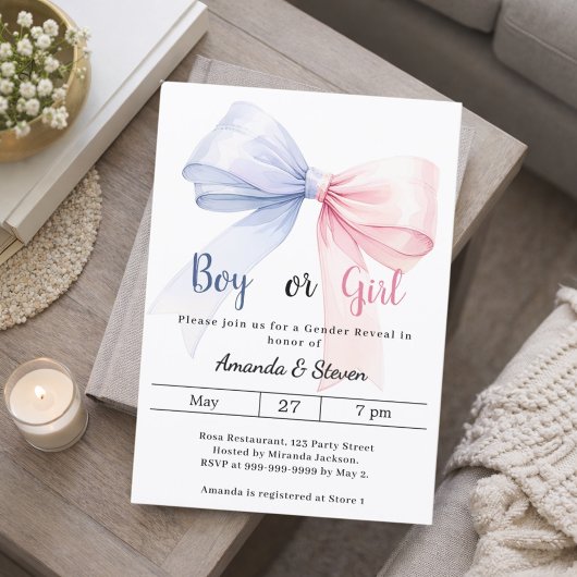 Gender reveal pink blue bow boy girl kaart