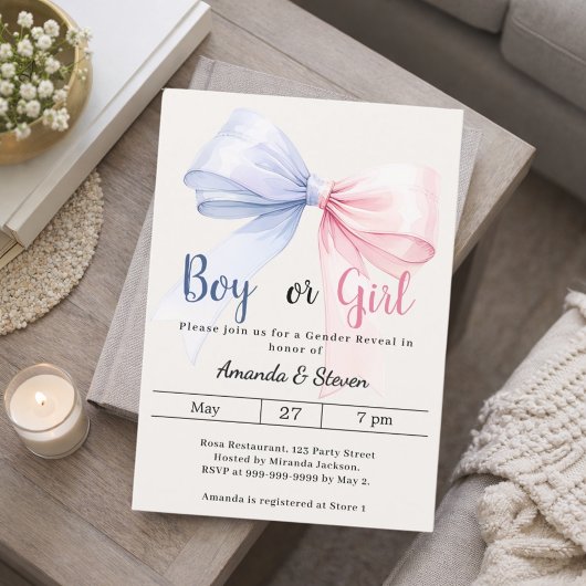 Gender reveal pink blue bow ivory boy girl kaart