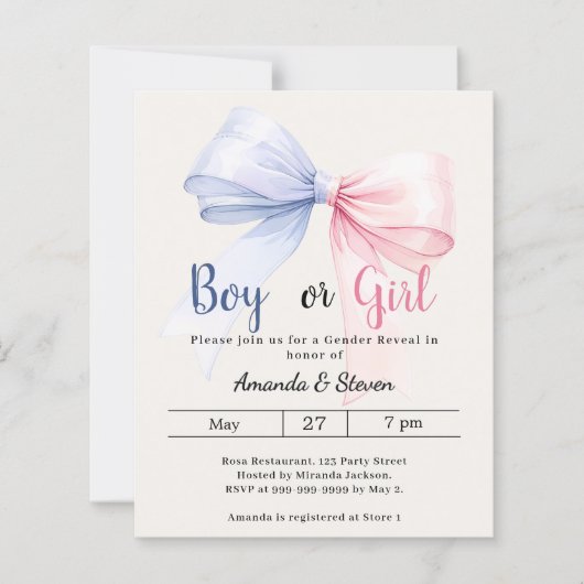 Gender reveal pink blue bow ivory invitation (Voorkant)