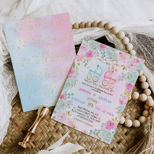 Gender Reveal Pink Blue Strollers Baby shower Kaart