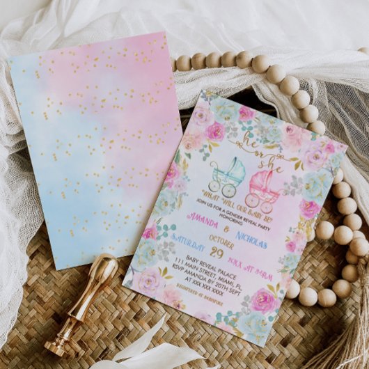 Gender Reveal Pink Blue Strollers Baby shower Kaart