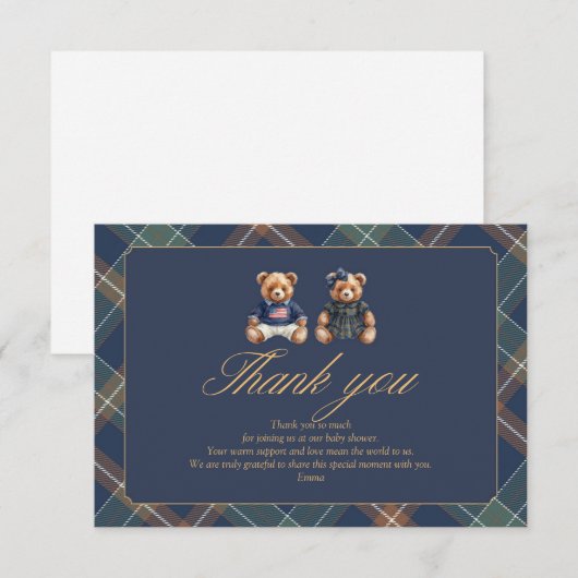 Gender Reveal Thank You Card Navy Plaid Teddy Bear Bedankkaart (Voorkant / Achterkant)