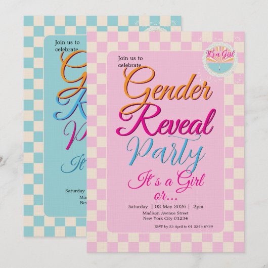 Gender Reveal Two-Sided Blue-Pink Plaid Checkered Kaart (Voorkant / Achterkant)