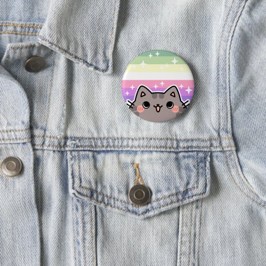 Genderfae LGBT Pride Flag Cat Button (In situ)