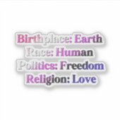 Genderfluid Pride - Geboorteplaats: Aarde. Ras: Me Sticker (Voorkant)