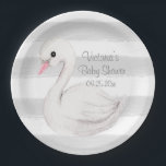 Genderneutraal aangepast Baby shower Papieren Bordje<br><div class="desc">Cute gray gender neutrale swan waterverf stripe baby shower paper bord. Voeg de naam en de datum van de douche toe om je te personaliseren.</div>