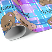 Genderneutraal Baby shower Aangepaste tekst Teddy  Cadeaupapier (Rol Hoek)