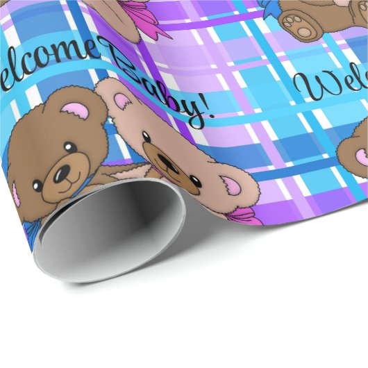 Genderneutraal Baby shower Aangepaste tekst Teddy  Cadeaupapier (Rol Hoek)