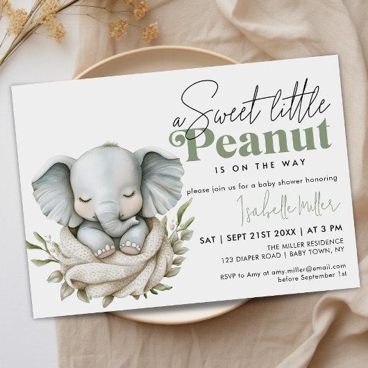 Genderneutraal Baby shower Elephant Greenery Gold Kaart